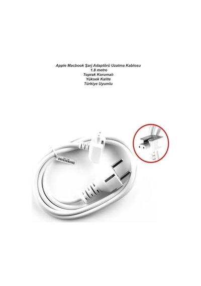 Macbook Uyumlu Şarj Adaptörü Uzatma Kablosu 1.8m Toprak Korumalı, Tr Fiş, Galvanizli Kalaylı Kablo