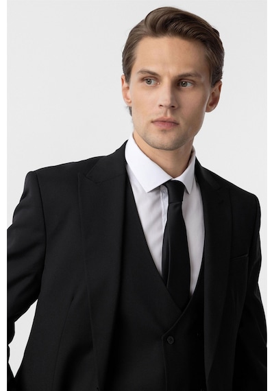 Süvari Siyah Slim Fit Düz Sivri Yaka 6 Drop Yelekli Klasik Takım Elbise