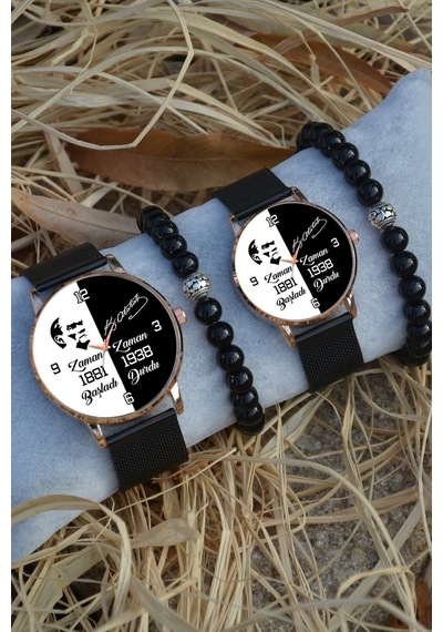 Siyah Rose Gold Hasır Çift Atatürk Imzalı Saat Çift Sevgili Saatleri
