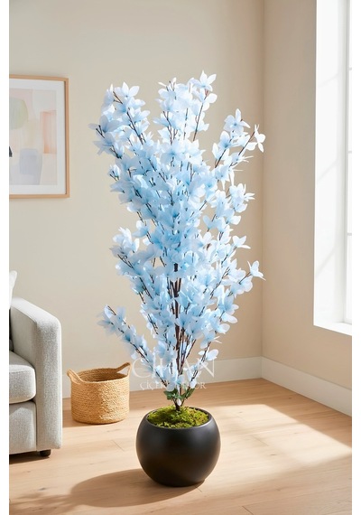Yapay Açık Mavi Sakura Kiraz Çiçeği Ağacı 120 Cm - Küre Plastik Saksılı 27x33 Cm Saksı Beyaz