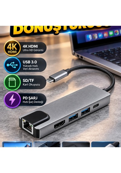 Macbook Uyumlu Alüminyum Usb-c Çoklu Hub 4k Hdmı, Usb 3.0, Sd/tf Kart Okuyucu Ve Pd Şarj