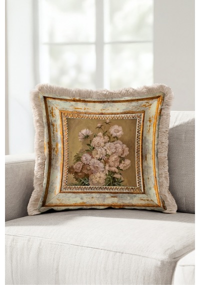 Vintage Çiçek Eskitme Çerçeveli Saçaklı Yastık Kılıfı - Avangart Floral Bej Püsküllü Kırlent Kılıfı Yalın Yörünge Opal Vintage Çiçek Eskitme Çerçeveli Saçaklı Yastık Kılıfı - Avangart Floral Bej Püsküllü Kırlent Kılıfı Yalın Yörünge Opal