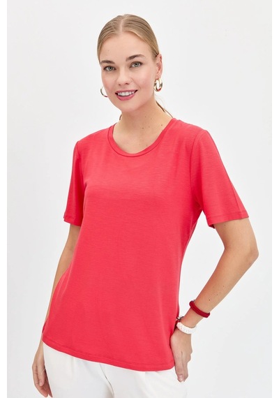 Desen Triko Kadın Sıfır Yaka Flamlı Kumaş Penye T-shirt Kmy24084 Mercan