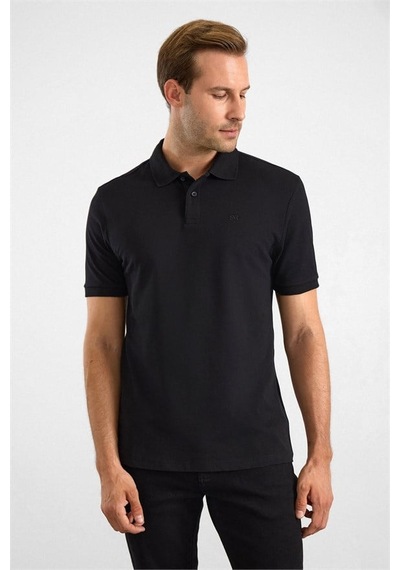 Süvari Siyah Regular Düz Nakışlı Pike Düğmeli Polo Yaka Tişört Sts1014000018-s09