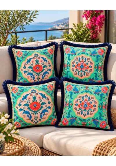 Oriental Bloom Çiçek Desenli 4 Lü Saçaklı Kırlent Kılıfı 45 x 45