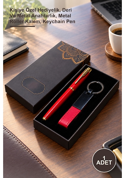 1 Adet Kutulu Kırmızı Anahtarlık Ve Kalem Seti Kişiye Özel Hediyelik, Deri Ve Metal Anahtarlık, Metal Roller Kalem, Keychain Pen