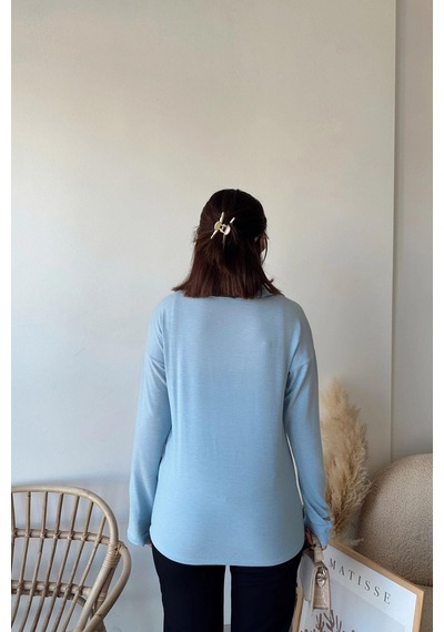 WeShaya Kadın Bebe Mavi Polo Yaka Keten Bluz, Uzun Kol, Regular Kesim, Günlük Ve Spor Sweatshirt Bebe Mavi