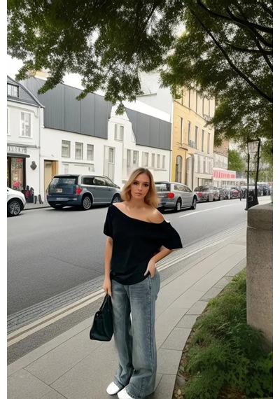 Cool Tarz Siyah Kadın Düşük Omuz Kayık Yaka Oversize T-shirt Siyah Siyah