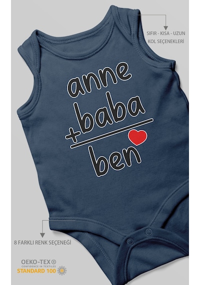Anne Baba Ve Ben Baskılı Bebek Zıbını Çıtçıtlı Body %100 Pamuk Sıfır Kol Lacivert
