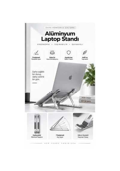 Alüminyum Katlanabilir Laptop Standı 7 Kademeli Yükseklik Ayarlı Dizüstü Bilgisayar & Tablet Tutucu