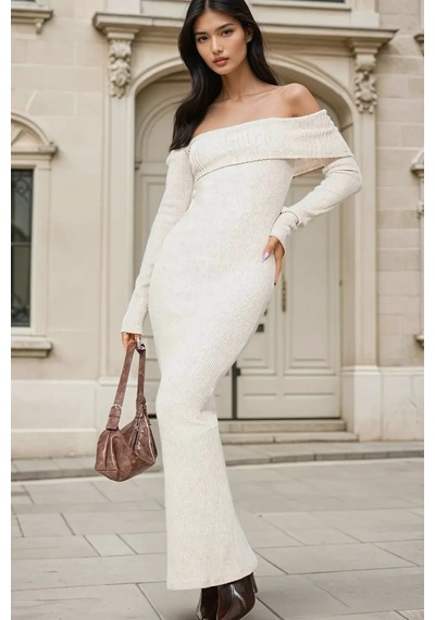 Hiccup Omzu Açık Bodycon Ribana Maxi Elbise Natural