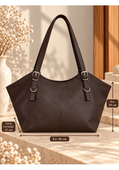 Elpida Bags Kadın Kemerli Suni Deri & Geniş Hacimli Omuz Çantası Acı Kahverengi