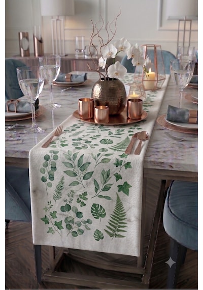 Premium Masa Runner Dijital Baskılı Soyut Şekil Desenli Dekoratif Salon Mutfak Yemek Masası Runner Örtüsü 45x140 Cm Yeşil