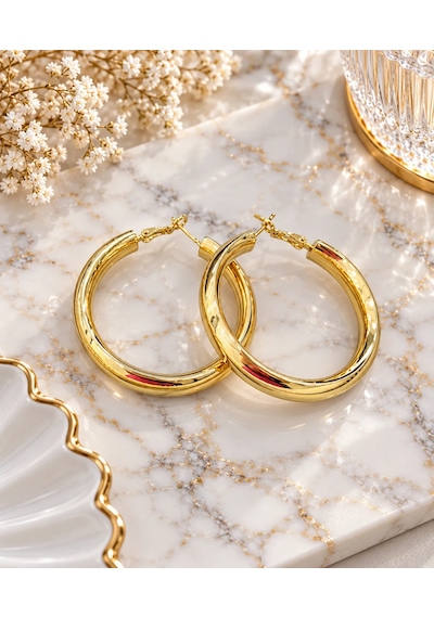 Premium Parlak Ve Şık Gold Renk Büyük Boy Halka 316l Çelik Kadın Küpe Altın
