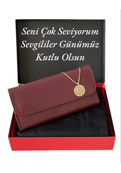 Carlino Hediye Seti Kadın Bordo Cüzdan Siyah Şal Ve Yaşam Çiçeği Koly Bordo