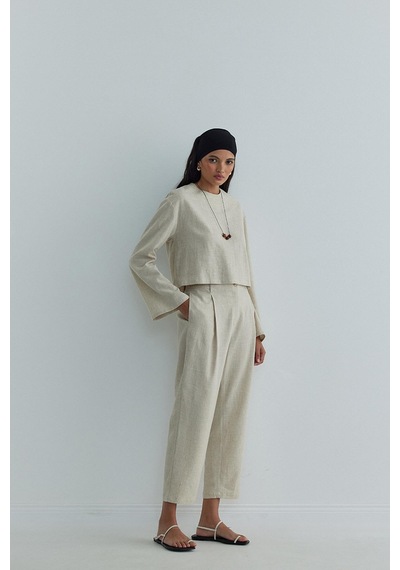 Suud Collection Natürel Mussel Crop Keten Bluz