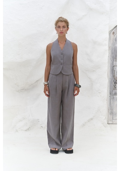 Mai Collection Mai Studios Co. Dena Sırt Dekolteli Antrasit Keten Yelek Pantolon Takım Antrasit