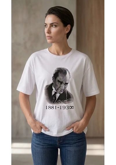Modi Atatürk Baskılı Tişört Kısa Kollu Bisiklet Yaka T-shirt - Beyaz Açık Bej - Beyaz
