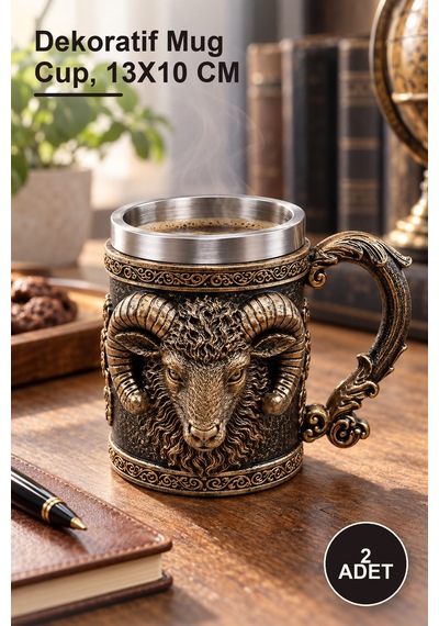 2 Adet Figürlü 3d Kabartmalı Paslanmaz Çelik Kupa Bardak Dekoratif Mug Cup, 13x10 Cm