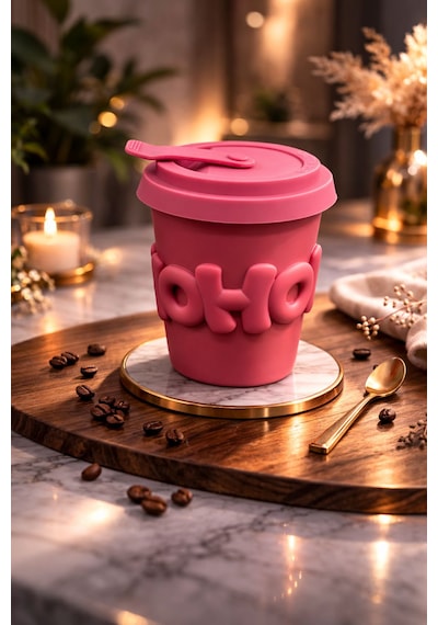 Acar Porselen Kupa Bardak Silikon Kapaklı Kahve Çay Ofis Bardağı 400ml Açık Pembe