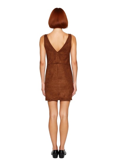 Ersefa Şık Kadın Süet Dokulu Bej V Yaka Jile Mini Elbise Bodycon Kesim K Kahverengi