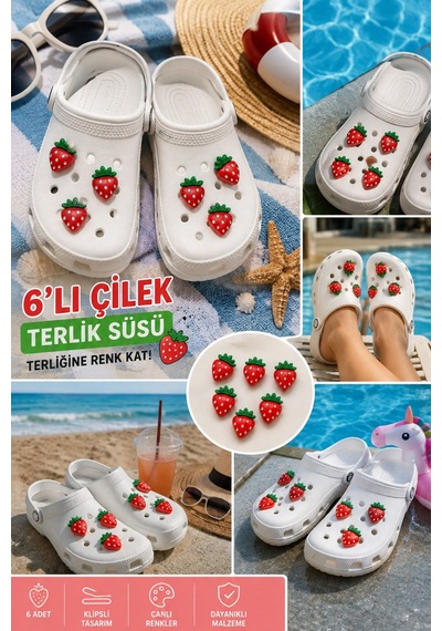 Temungur 6'lı Çilek Figürlü Terlik Süsü Klipsli Süs Seti, Kırmızı Çilek