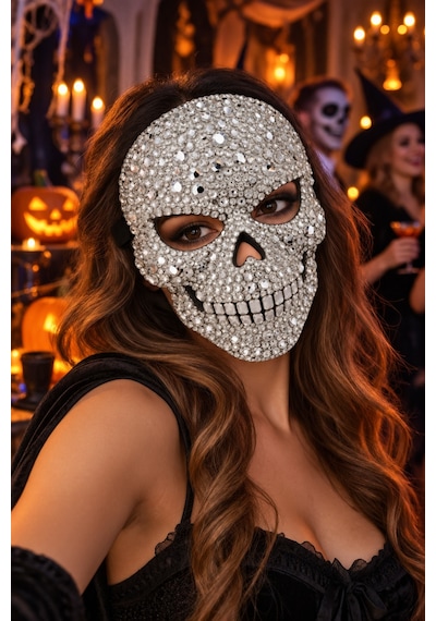 Taşlı Lüks Kurukafa Maskesi Halloween Cadılar Bayramı Parti Kostüm Eğlence Etkinlik Aksesuarı Diğer