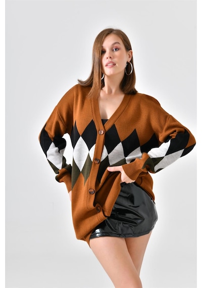 Ftz Women Kadın Göğüs Baklava Desen Hırka Taba 21-6285-taba Taba