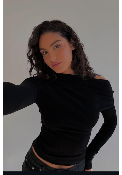 Madmext Siyah Kadın Off Shoulder Uzun Kollu Bluz Mg2567 Siyah