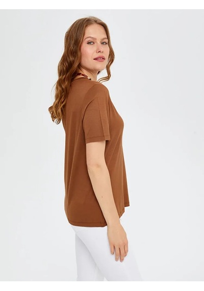 Faik Sönmez V Yaka Kısa Kol Kadın T-shirt Bs25tsh001 Kahverengi