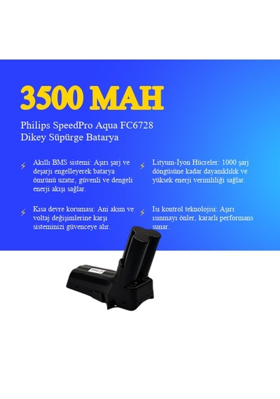 Philips Speedpro Aqua Fc6728 Dikey Süpürge 3500 Mah 25.2 V Batarya  Uyumlu Uzun Ömürlü, Maksimum Performans Pil