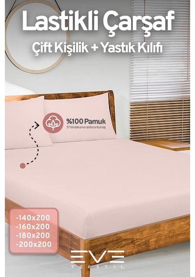 Eve Tekstil Pamuklu Çift Kişilik Rainforce Kumaş Lastikli Çarşaf Ve Yastık Kılıfı Set Pembe