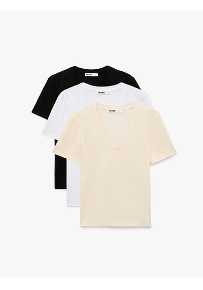 Koton Pamuklu Regular Fit Çok Renkli Basic V Yaka Kısa Kollu 3 Lü Tişört Seti Multıcolor 6sak60018ek Mavi