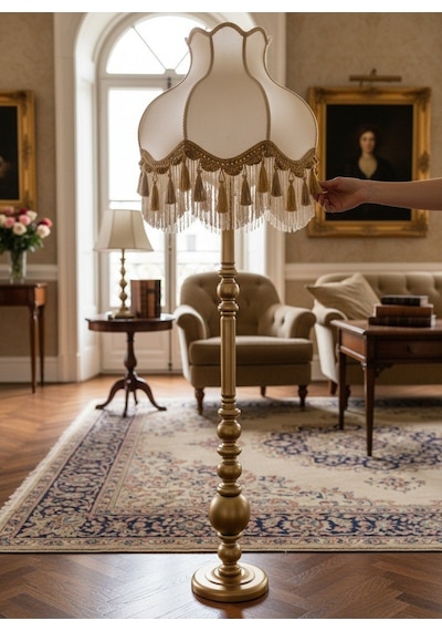 Beyaz Kadife Gold Saçaklı Başlık Gold Ahşap Ayaklı Lambader Vintage Model 170x50cm