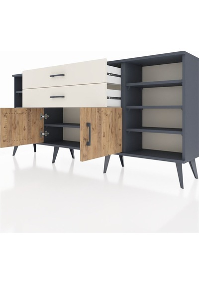 Arges Konsol 7 Raflı 2 Çekmeceli 2 Kapaklı 176x30x83 Antrasit-çam/aytaşı Çam/aytaşı