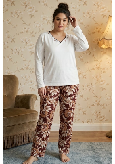 Siyah İnci Desenli Nakışlı Büyük Beden Battal Boy Viskon Örme Pijama Takım 26224843 Ekru