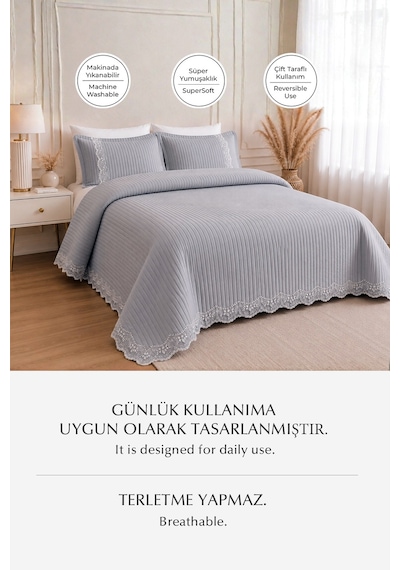 %100 Pamuk Çift Kişilik Yatak Örtüsü Seti Mihrimah Dantelli Pike Takımı 3 Parça Gri