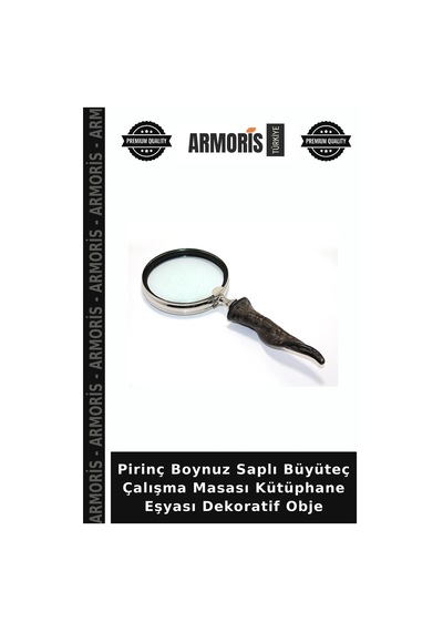 Pirinç Boynuz Saplı Büyüteç Çalışma Masası Kütüphane Eşyası Dekoratif Obje