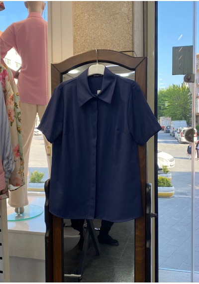 Pera Moda Poplin Kumaş Kısa Kollu Gizli Düğmeli Gömlek Lacivert