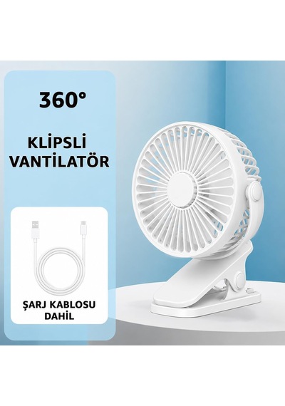 1800 Mah Bataratyalı Usb Mini Vantilatör Fan Klipsli Sabitleme - 360 Ayarlanabilir - Ultra Güçlü Hava Akımı İle