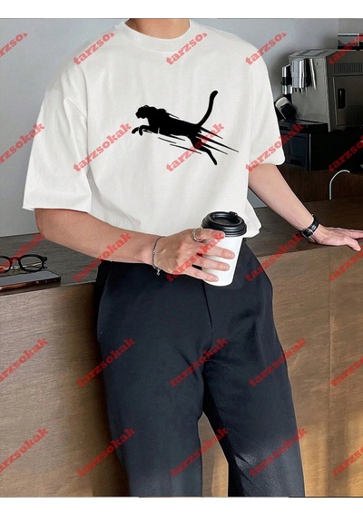 Tarzsokak Unisex Jaguar Baskılı Tshirt Beyaz Beyaz