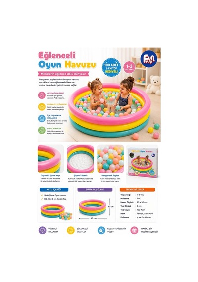 Eğlenceli Oyun Havuzu Şişme Top Havuzu 100 Adet 6 Cm Top Hediyeli Çocuk Oyun Alanı 1-3 Yaş 90 Cm