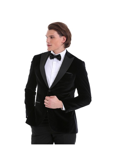 Hatemoğlu Siyah Slim Fit Düz Sivri Yaka Kadife Klasik Damatlık Siyah