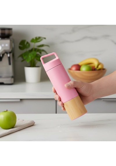 600 Ml Bambu Tabanlı Kulplu Çelik Termos Mug - 5 Renk Seçenekli Sıcak/soğuk Tutucu Seyahat Bardağı Pembe Çok Renkli