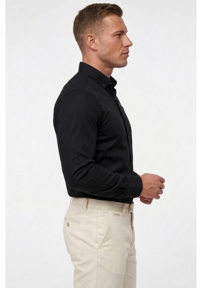 Deepsea Siyah Slim Fit Likralı Kolay Ütülenebilir Gizli Düğmeli Erkek Gömlek 2602614