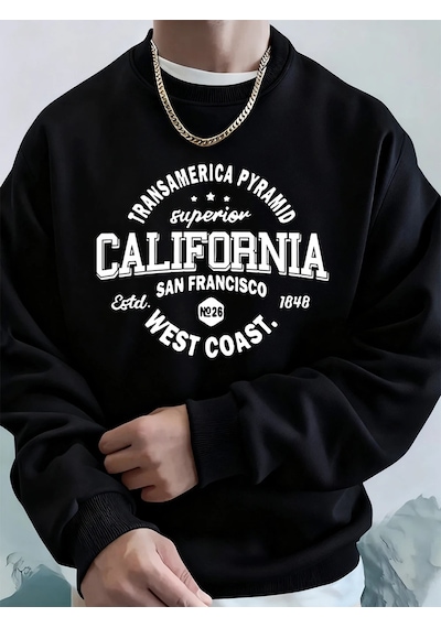 Startmore Tarzsokak California West Coast Prints Erkek Kapüşonlular Sonbahar Gevşek Tişörtü Hip Hop Bisiklet Yaka Siyah
