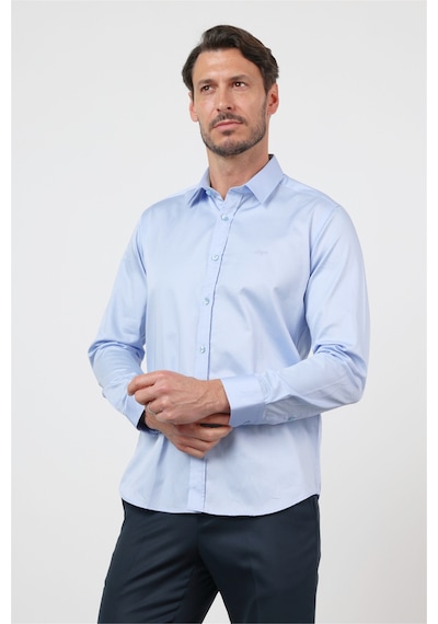 İmza Açık Mavi Sert Yaka Uzun Kol Cepsiz Saten Slim Fit Pamuk Gömlek 1004260424 2XL