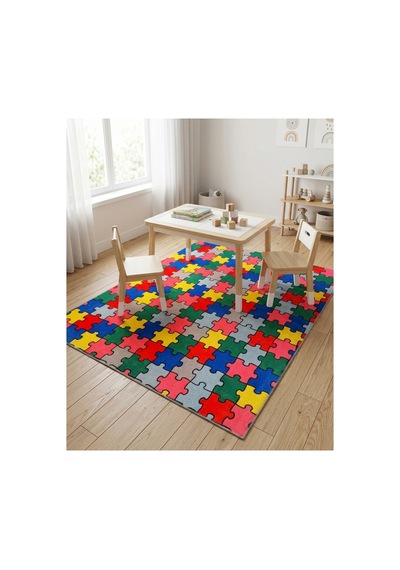 Renkli Puzzle Desenli Çocuk Odası Halısı Kaymaz Taban Eğlenceli Oyun Halısı Çok Renkli