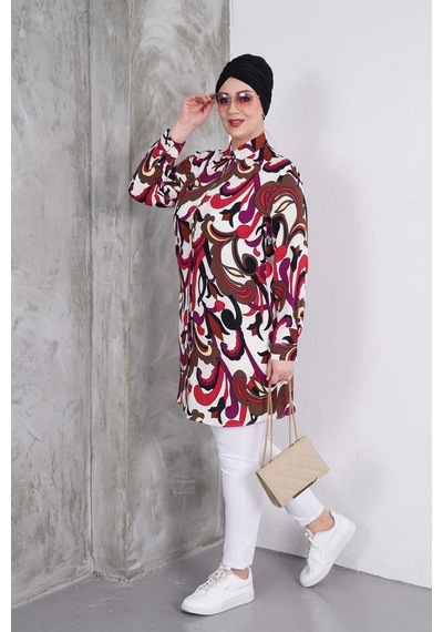 Polologin Butik Karışık Desenli Beyaz Gömlek Tunik Beyaz & Kırmızı & Kahverengi