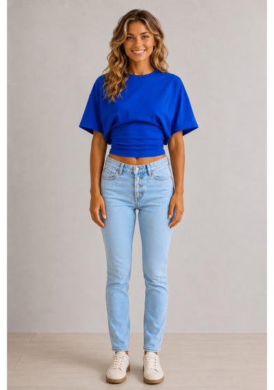 Overmax Bele Oturan Oversize Kollu Premium Crop Bluz Mavi - 880759104 Mavi